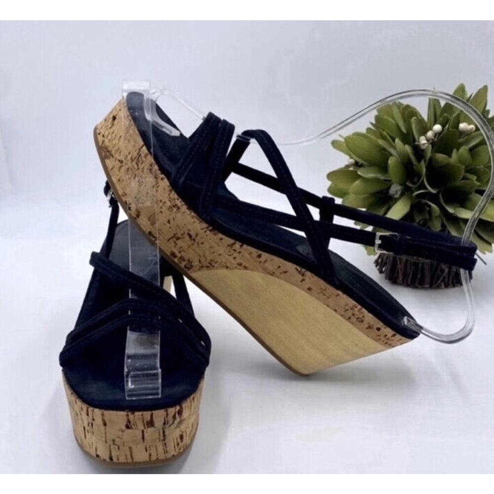Jil Sander Designer Wood Cork Black Suede Ankle Strap‎ Wedge Sandal Sz 36.5/6